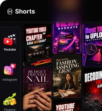 Shorts feed with YouTube, Instagram, and Finance category thumbnails